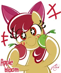 Size: 1001x1200 | Tagged: safe, artist:garammasara, derpibooru import, apple bloom, earth pony, pony, adorabloom, apple, cute, eye clipping through hair, female, filly, food, looking at you, pixiv, simple background, solo, starry eyes, white background, wingding eyes