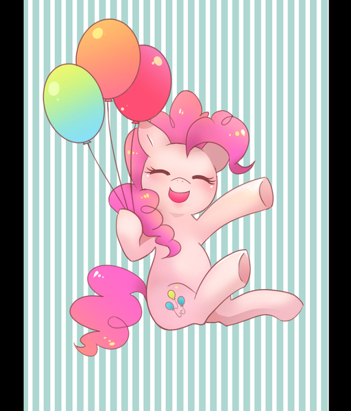 Size: 949x1112 | Tagged: safe, artist:blackywolfer, derpibooru import, pinkie pie, earth pony, pony, balloon, blushing, cute, diapinkes, eyes closed, female, floating, mare, open mouth, pixiv, solo, then watch her balloons lift her up to the sky