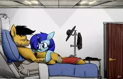 Size: 2560x1660 | Tagged: semi-grimdark, artist:thepascaal, derpibooru import, oc, oc:darren cuffs, oc:skyra heartsong, pony, bandage, bed, blood, bullet wound, crying, hospital, hospital bed