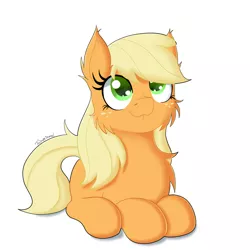 Size: 1500x1500 | Tagged: safe, artist:fajnyziomal, derpibooru import, applejack, pony, cheek fluff, chest fluff, commission, cute, ear fluff, hatless, jackabetes, loose hair, missing accessory, prone, solo, your character here