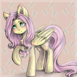 Size: 2048x2048 | Tagged: safe, artist:zefirka, derpibooru import, fluttershy, pegasus, pony, chest fluff, cute, cutie mark background, female, folded wings, looking up, mare, raised hoof, shyabetes, solo, standing, three quarter view, wings