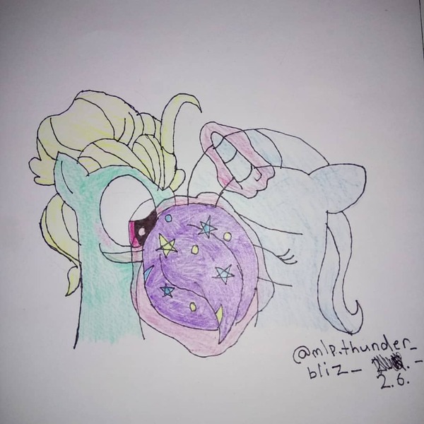 Size: 1080x1080 | Tagged: safe, derpibooru import, trixie, zephyr breeze, pony, female, kissing, male, shipping, straight, traditional art, trixbreeze