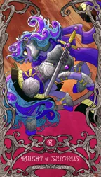 Size: 2088x3619 | Tagged: safe, artist:sourcherry, derpibooru import, oc, oc:violet reverie, unofficial characters only, pony, unicorn, armor, curly hair, ear piercing, earring, female, jewelry, long mane, mare, piercing, solo, sword, weapon
