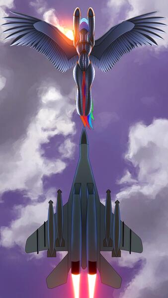 Size: 5400x9600 | Tagged: safe, artist:cherry pop, derpibooru import, rainbow dash, pegasus, pony, absurd resolution, cloud, cloudy, fighter plane, flying, from below, jet, jet fighter, lens flare, mig-29, wings