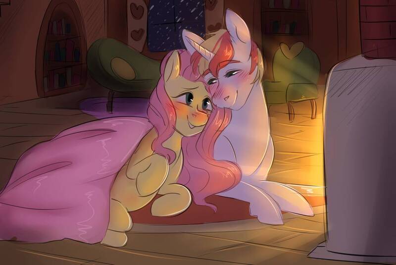 Size: 1093x731 | Tagged: safe, artist:spazzyhippie, derpibooru import, fluttershy, oc, oc:lucky charm, pegasus, pony, unicorn, blanket, blushing, bookshelf, canon x oc, couch, cuddling, cute, female, fireplace, flucky, fluttershy's cottage, in love, looking at each other, male, mare, pregnant, romantic, shipping, snow, snowfall, stallion, straight