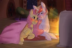 Size: 1093x731 | Tagged: safe, artist:spazzyhippie, derpibooru import, fluttershy, oc, oc:lucky charm, pegasus, pony, unicorn, blanket, blushing, bookshelf, canon x oc, couch, cuddling, cute, female, fireplace, flucky, fluttershy's cottage, in love, looking at each other, male, mare, pregnant, romantic, shipping, snow, snowfall, stallion, straight
