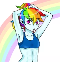 Size: 467x486 | Tagged: safe, artist:nayu, artist:sea contact, derpibooru import, rainbow dash, equestria girls, abs, adorasexy, armpits, belly button, clothes, colored pupils, cute, dashabetes, female, hair tie, midriff, mouth hold, pixiv, ponytail, rainbow, sexy, solo, sports bra