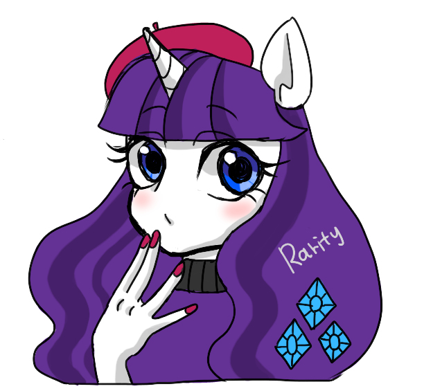 Size: 612x565 | Tagged: alternate hairstyle, ambiguous facial structure, anthro, artist:nayu, artist:sea contact, beatnik rarity, beret, bust, clothes, cute, derpibooru import, female, hat, nail polish, pixiv, portrait, raribetes, rarity, safe, simple background, solo, sweater, white background