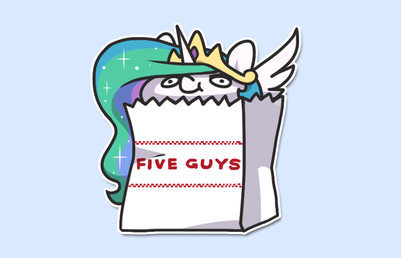 Size: 900x581 | Tagged: safe, artist:dawnfire, derpibooru import, princess celestia, alicorn, pony, blue background, chibi, crown, female, five guys, jewelry, mare, paper bag, pony in a bag, regalia, simple background, solo