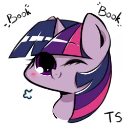 Size: 566x566 | Tagged: safe, artist:crazy bush, derpibooru import, part of a set, twilight sparkle, pony, blushing, book, bust, cute, female, head only, one eye closed, one word, pixiv, portrait, solo, that pony sure does love books, twiabetes, wink