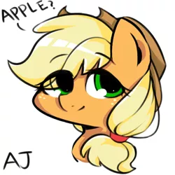 Size: 566x566 | Tagged: safe, artist:crazy bush, derpibooru import, part of a set, applejack, pony, apple, bust, cute, eye clipping through hair, female, food, head only, jackabetes, one word, pixiv, portrait, simple background, solo, that pony sure does love apples, white background