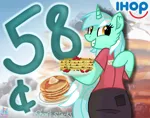 Size: 1972x1545 | Tagged: safe, artist:rainbow eevee, derpibooru import, lyra heartstrings, anthro, unguligrade anthro, unicorn, apron, breakfast, cent sign, chocolate chips, clothes, cute, female, food, holding, ihop, irl, looking at you, lyrabetes, miniskirt, money, name tag, numbers, pancakes, photo, plate, restaurant, skirt, smiling, solo, strawberry, syrup, uniform