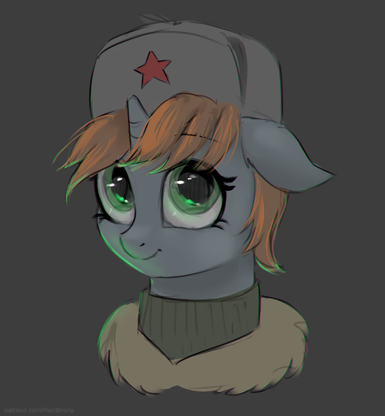 Size: 1400x1510 | Tagged: safe, artist:hardbrony, derpibooru import, oc, oc:littlepip, unofficial characters only, pony, unicorn, fallout equestria, fanfic, bust, fanfic art, female, floppy ears, gray background, hat, horn, mare, portrait, red star, simple background, solo, stars, ushanka