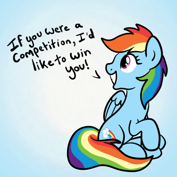 Size: 2100x2100 | Tagged: safe, artist:sjart117, derpibooru import, part of a set, rainbow dash, pegasus, pony, bad pickup line, dialogue, female, flirting, grin, looking back, mare, pickup lines, raised hoof, smiling, solo, speech, talking