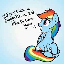 Size: 2100x2100 | Tagged: safe, artist:sjart117, derpibooru import, part of a set, rainbow dash, pegasus, pony, bad pickup line, dialogue, female, flirting, grin, looking back, mare, pickup lines, raised hoof, smiling, solo, speech, talking