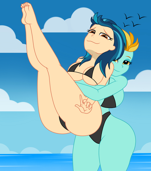 Size: 2300x2600 | Tagged: suggestive, artist:mashoart, derpibooru import, indigo zap, lightning dust, equestria girls, absolute cleavage, ass, barefoot, bikini, breasts, busty indigo zap, busty lightning dust, butt, cleavage, clothes, dreamworks face, equestria girls-ified, feet, high res, indiglute zap, ocean, small feet, swimsuit, underboob, wide hips