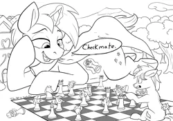 Size: 4625x3264 | Tagged: safe, artist:tsitra360, derpibooru import, edit, oc, oc:snap feather, oc:star bright, unofficial characters only, pony, unicorn, checkmate, chess, chess piece, chessboard, chubby, cosmic wizard, forest, giant pony, houses, inanimate tf, laying on stomach, macro, magic, male, micro, size difference, stallion, transformation, village, wizard, wizard robe