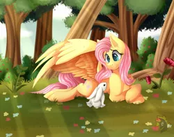 Size: 1024x805 | Tagged: safe, artist:calamity-studios, derpibooru import, angel bunny, fluttershy, pegasus, pony, rabbit, animal, crepuscular rays, cute, duo, female, flower, forest, grass, mare, shyabetes, smiling, spread wings, tree, wings
