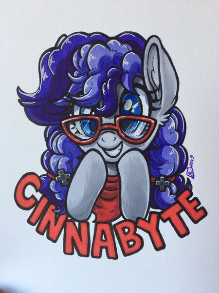 Size: 768x1024 | Tagged: safe, artist:whitediamonds, derpibooru import, oc, oc:cinnabyte, unofficial characters only, pony, badge, bandana, commission, con badge, dork, glasses, pigtails, solo