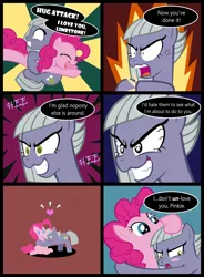 Size: 1140x1546 | Tagged: safe, artist:magerblutooth, derpibooru import, limestone pie, pinkie pie, earth pony, pony, bait and switch, blush sticker, blushing, comic, commission, cross-popping veins, cute, dialogue, female, floating heart, heart, hug, limabetes, limetsun pie, mare, sisterly love, skull, skull eyes, sunburst background, tsundere, wingding eyes