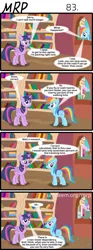 Size: 800x2153 | Tagged: safe, artist:umneem, derpibooru import, diamond tiara, rainbow dash, silver spoon, sunset shimmer, twilight sparkle, twilight sparkle (alicorn), zephyr breeze, alicorn, earth pony, pegasus, pony, unicorn, comic:my rational pony, barrel, book, bookshelf, comic, female, golden oaks library, male, mare, stallion