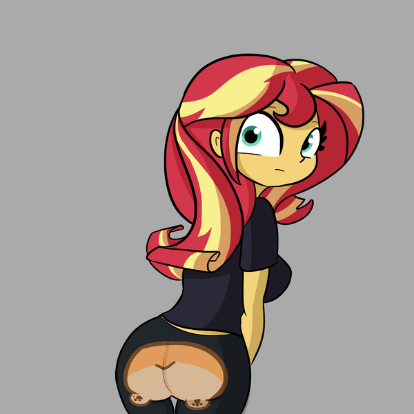 Size: 3200x3200 | Tagged: suggestive, artist:tjpones, derpibooru import, sunset shimmer, corgi, dog, equestria girls, ass, breasts, bunset shimmer, butt, butt shot, clothes, corgi butt, female, gray background, leggings, looking at you, looking back, looking back at you, simple background, solo