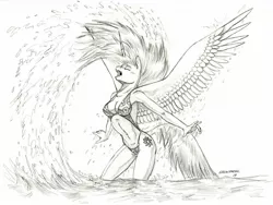 Size: 1400x1054 | Tagged: alicorn, anthro, artist:baron engel, bikini, breasts, clothes, derpibooru import, erect nipples, eyes closed, female, grayscale, hair flip, mare, monochrome, nipple outline, pencil drawing, praise the sun, princess celestia, simple background, sketch, smiling, solo, spread wings, suggestive, swimsuit, traditional art, unguligrade anthro, wet, wet mane, white background, wings