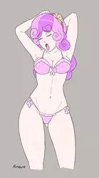 Size: 890x1598 | Tagged: suggestive, artist:rambon7, derpibooru import, sweetie belle, equestria girls, adorasexy, arm behind head, armpits, beautiful, belly button, bra, breasts, busty sweetie belle, cleavage, clothes, cute, diasweetes, eyes closed, female, frilly, frilly underwear, gray background, hairband, older, older sweetie belle, open mouth, panties, pink bra, pink underwear, sexy, side knot underwear, simple background, solo, solo female, stupid sexy sweetie belle, thong, underass, underwear, yawn