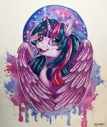 Size: 844x1000 | Tagged: safe, artist:tanukiri, derpibooru import, twilight sparkle, twilight sparkle (alicorn), alicorn, pony, bust, female, folded wings, gift art, mare, portrait, signature, smiling, solo, traditional art, watercolor painting, wings