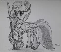 Size: 2845x2448 | Tagged: armor, artist:rockhoppr3, dark souls, derpibooru import, hippogriff, knight, monochrome, polearm, safe, signature, silverstream, solo, traditional art, weapon