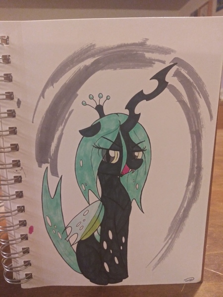 Size: 3120x4160 | Tagged: artist:taurson, changeling, changeling queen, derpibooru import, fangs, female, queen chrysalis, safe, smiling, solo, traditional art