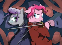 Size: 2000x1455 | Tagged: artist:paracompact, atg 2019, crossover, derpibooru import, dreamworks face, maud pie, newbie artist training grounds, pinkie pie, safe, samurai champloo, sword, weapon