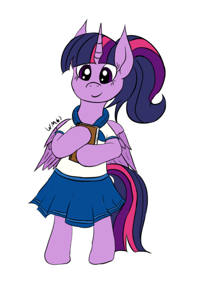 Size: 2135x3240 | Tagged: safe, artist:wapamario63, derpibooru import, twilight sparkle, twilight sparkle (alicorn), alicorn, pony, alternate hairstyle, bipedal, book, clothes, colored, cute, female, flat colors, mare, pleated skirt, ponytail, school uniform, schoolgirl, skirt, solo