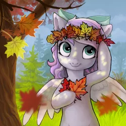 Size: 1022x1024 | Tagged: safe, artist:teichi, derpibooru import, oc, oc:iridescent flings, unofficial characters only, pegasus, pony, bow, cloud, female, floral head wreath, flower, grass, hair bow, leaves, mare, pegasus oc, pine tree, smiling, solo, spread wings, tree, wings, wreath