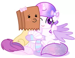 Size: 1139x881 | Tagged: safe, artist:pastelswirlheartowo, derpibooru import, oc, oc:paper bag, alicorn, pony, alicorn oc, base used, bow, clothes, girly, horn, hug, paper bag, simple background, socks, striped socks, white background, wings