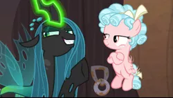 Size: 498x282 | Tagged: bow, changeling, changeling queen, cozy glow, crossed hooves, derpibooru import, evil grin, fangs, female, filly, flapping, foal, former queen chrysalis, freckles, glowing horn, grin, hair bow, horn, lidded eyes, magic, queen chrysalis, raised eyebrow, safe, screencap, smiling, the summer sun setback