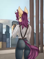 Size: 2400x3200 | Tagged: suggestive, artist:catd-nsfw, derpibooru import, oc, oc:kaira kitch, unofficial characters only, anthro, unicorn, banshee, clothes, cup, jeans, looking back, nail polish, pants, room, smoke, solo, steam, suspenders, tower, window