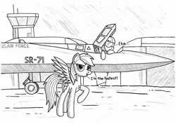 Size: 1280x907 | Tagged: safe, artist:zocidem, derpibooru import, rainbow dash, pony, aircraft, airport, blackbird, drawing, monochrome, shading, sketch, sr-71 blackbird, technology, traditional art