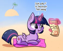 Size: 1997x1598 | Tagged: safe, artist:artiks, derpibooru import, twilight sparkle, twilight sparkle (alicorn), alicorn, pony, atg 2019, beach, dialogue, f, female, grades, island, levitation, magic, mare, newbie artist training grounds, palm tree, prone, quill, scroll, solo, telekinesis, towel, tree