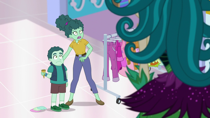 Size: 1280x718 | Tagged: safe, derpibooru import, screencap, juniper montage, leafy mint, mint chip, equestria girls, mirror magic, spoiler:eqg specials, background human, female, food, giantess, ice cream, juniper monstar, macro, male, scared