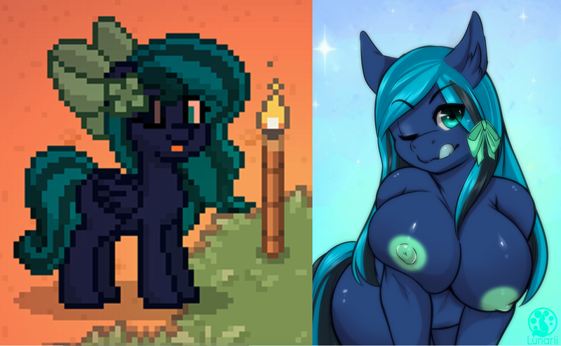 Size: 2812x1738 | Tagged: questionable, artist:lunarii, artist:yuuri, derpibooru import, oc, oc:midnight mist, unofficial characters only, anthro, pony, pony town, :p, anthro oc, anthro with ponies, base used, big breasts, breasts, comparison, female, huge breasts, looking at you, nipples, nudity, one eye closed, solo, solo female, tongue out, wink