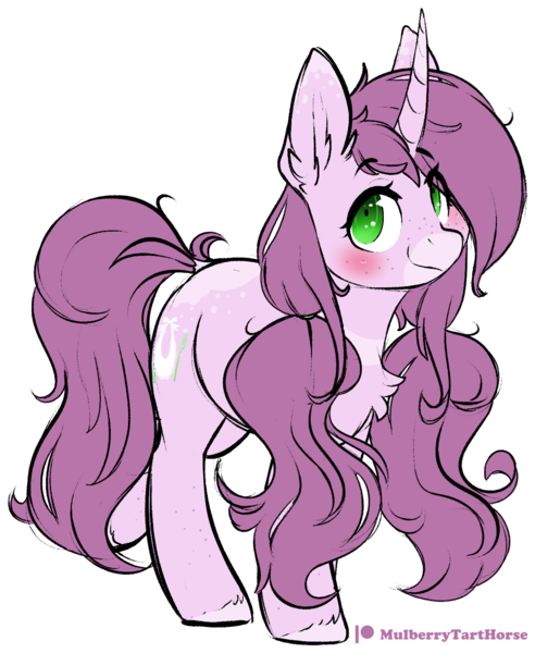 Size: 1319x1608 | Tagged: safe, artist:mulberrytarthorse, derpibooru import, oc, oc:mulberry tart, unofficial characters only, pony, unicorn, anime, blushing, chest fluff, female, freckles, looking at you, mare, pigtails, simple background, solo, transparent background, twintails, white outline