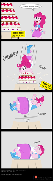 Size: 850x2890 | Tagged: safe, artist:niban-destikim, derpibooru import, pinkie pie, human, equestria girls, mmmystery on the friendship express, belly, big belly, chubby cheeks, clothes, eating, equestria girls interpretation, fat, female, laughing, obese, onomatopoeia, panties, patreon, piggy pie, pudgy pie, scene interpretation, skirt, sound effects, speech bubble, underwear, upskirt, weight gain, white underwear