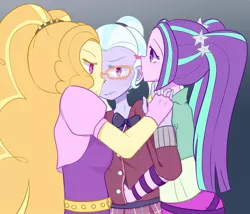 Size: 1351x1154 | Tagged: safe, artist:yuck, derpibooru import, adagio dazzle, aria blaze, sugarcoat, equestria girls, blushing, crack shipping, cropped, ear licking, female, group hug, holding hands, hug, lesbian, licking, shipping, tongue out