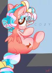 Size: 2480x3508 | Tagged: safe, artist:patoriotto, derpibooru import, cozy glow, pegasus, pony, blushing, bow, butt, cozy glutes, cozybetes, cute, dock, ear fluff, female, filly, foal, freckles, frown, hair bow, looking at you, looking back, looking back at you, plot, rear view, signature, sitting, solo, tail bow, text
