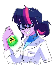 Size: 2443x3264 | Tagged: safe, artist:xan-gelx, derpibooru import, sci-twi, twilight sparkle, equestria girls, clothes, grin, lab coat, mad scientist, radioactive, radioactive waste, simple background, smiling, solo, transparent background