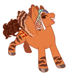 Size: 320x350 | Tagged: safe, artist:guidomista, artist:miiistaaa, artist:nijimillions, derpibooru import, ponified, pegasus, pony, 7, accessories, accessory, anime, brown, brown hair, brown mane, brunette, chibi, clothes, crossover, curls, curly hair, curly tail, cute, faic, food, grin, guido, guido mista, hat, hooves, jjba, jojo, jojo's bizarre adventure, looking back, male, markings, mista, open mouth, orange, proud, seven, simple background, smiling, solo, stallion, standing, stripes, transparent background, vento aureo, wings