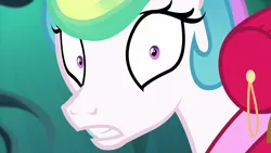 Size: 1920x1080 | Tagged: safe, derpibooru import, screencap, princess celestia, alicorn, pony, between dark and dawn, big eyes, close-up, female, image, mare, png, scared, shrunken pupils, terrified, that princess sure is afraid of chickens