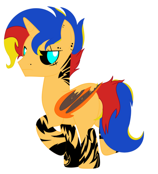 Size: 3153x3457 | Tagged: safe, artist:celestial-rue0w0, artist:rerorir, derpibooru import, oc, oc:dark-sun guard, unofficial characters only, demon, demon pony, original species, pony, base used, bat wings, black sclera, blank flank, colored sclera, commission, ear piercing, earring, eye scar, eyebrow piercing, jewelry, male, multicolored hair, nose piercing, offspring, parent:flash sentry, parent:sunset shimmer, parents:flashimmer, piercing, raised hoof, scar, simple background, solo, stallion, tattered, tattered wings, tattoo, transparent background, wings