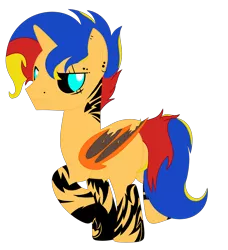 Size: 3153x3457 | Tagged: safe, artist:celestial-rue0w0, artist:rerorir, derpibooru import, oc, oc:dark-sun guard, unofficial characters only, demon, demon pony, original species, pony, base used, bat wings, black sclera, blank flank, colored sclera, commission, ear piercing, earring, eye scar, eyebrow piercing, jewelry, male, multicolored hair, nose piercing, offspring, parent:flash sentry, parent:sunset shimmer, parents:flashimmer, piercing, raised hoof, scar, simple background, solo, stallion, tattered, tattered wings, tattoo, transparent background, wings